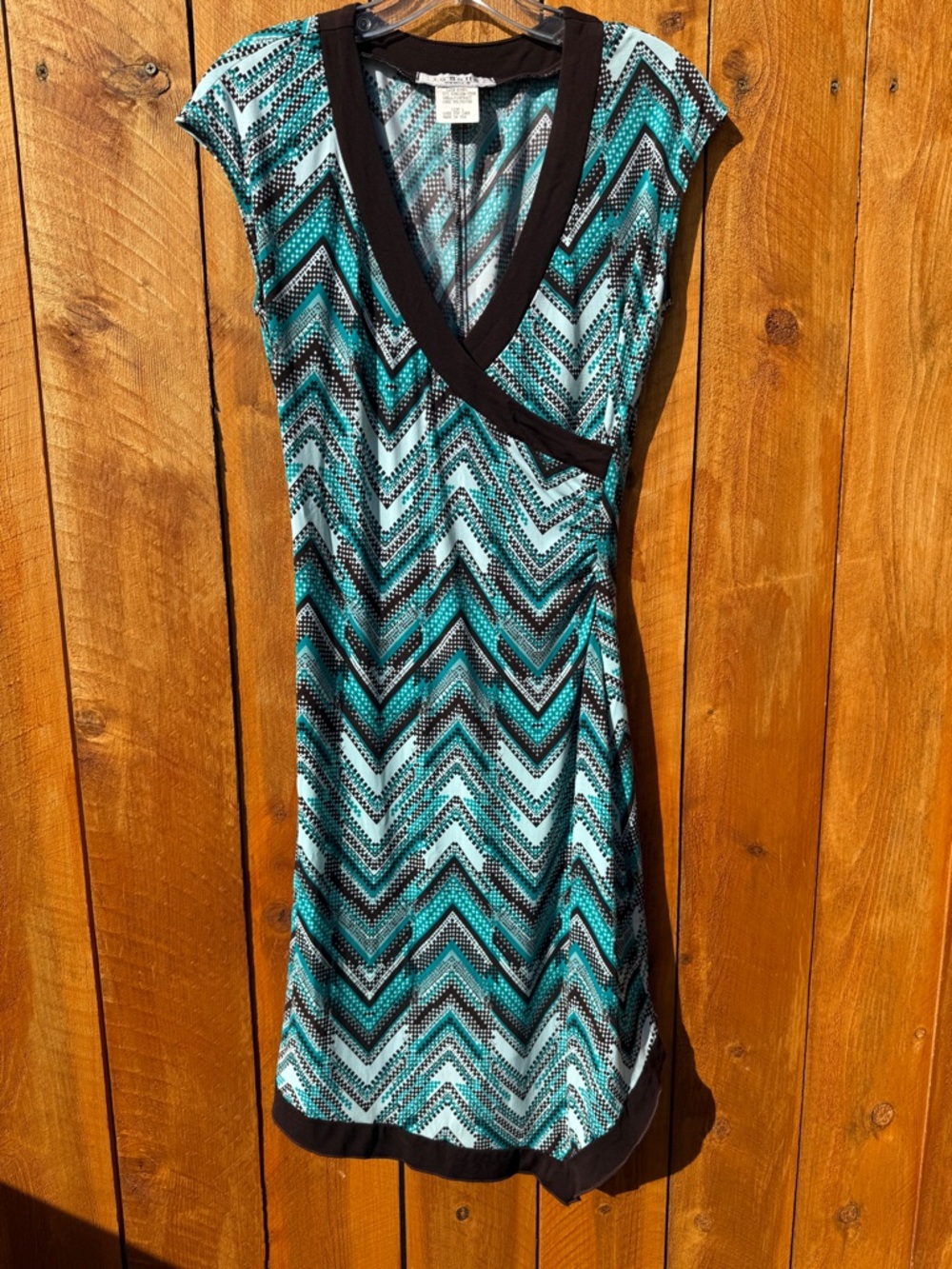 La Belle Turquoise Chevron Faux Wrap Asymmetrical Dress with Brown Trim - Large - Picture 6 of 13